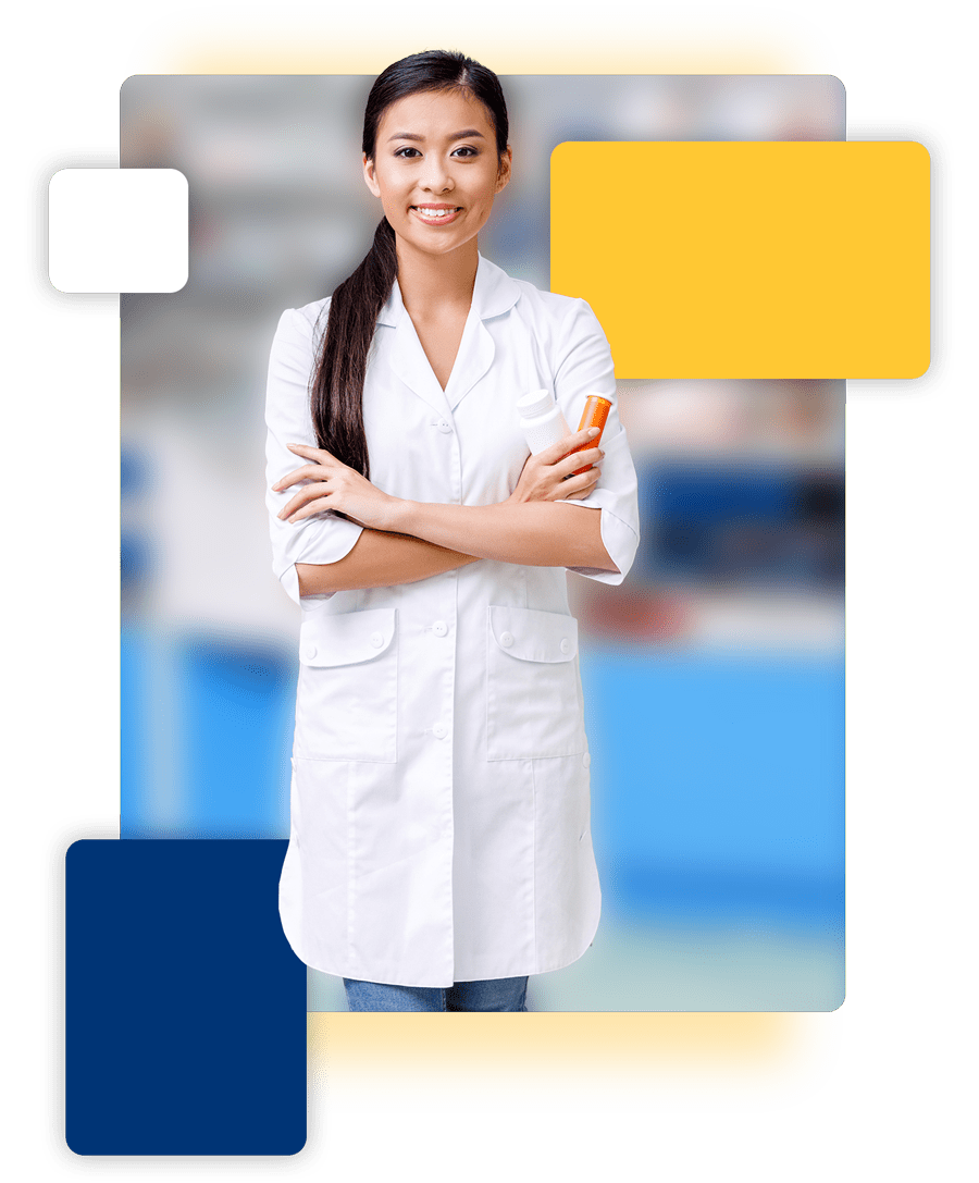 Young Asian female pharmacist in white labcoat stands confidently with arms crossed, in pharmacy
